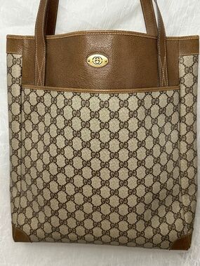 Gucci Vintage GG Canvas Tote with Brown Leather Trim